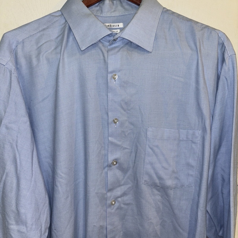Van Heusen Shirt 18.5  34/35 Baby Blue Plaid Button-Up Regular Fit Long Sleeves